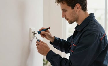 A professional electrician in a clean dark navy uniform fixing a wall socket in a bright, modern Portuguese apartment. Soft natural light, focus on precision, tools in hand. Brand palette colors deep blue and off-white are prominent.