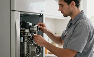 A professional technician in a clean uniform inspecting the compressor of a modern refrigerator in a bright, high-end residential kitchen in Al Majaz, Sharjah. The lighting is soft and natural, emphasizing a trustworthy and efficient atmosphere. The color palette features light gray and muted blue-gray tones. Middle Eastern / Gulf setting.