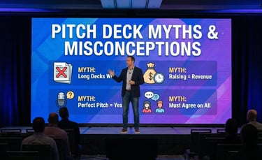 Speaker presenting pitch deck myths and misconceptions