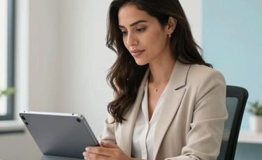 A professional Latinoamericano / Hispano woman managing a digital social media calendar on a sleek tablet, sitting in a modern office with off-white walls and light blue decor, clean lighting, professional atmosphere.