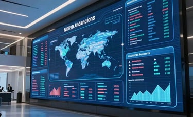 A wide shot of a futuristic marketing strategy room in a North American skyscraper. Large digital wall displays show glowing data visualizations and global advertising campaign metrics. The room is filled with ambient deep blue and pale steel blue light. High-end photography, cinematic composition.