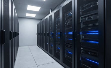 A high-end, minimalist photography of a modern North American data center hallway with sleek server racks and subtle blue ambient lighting, representing high-tier digital infrastructure.