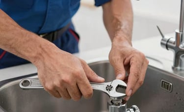 Photography of a professional plumber's hands using a wrench to tighten a chrome pipe under a modern sink. The scene is bright and clean, set in a Southern European / Spanish kitchen. Brand colors of sky blue and navy blue are subtly present in the background and on the plumber's sleeve.