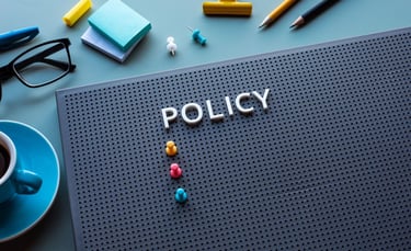 A perforated board with the word "POLICY" in white letters, colorful push pins below