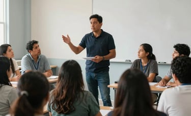 Photography of a modern South American educational workshop environment. A professional instructor is explaining a concept to an attentive group of adults in a bright room. The background features off-white walls and light blue-grey accents. Natural soft lighting creates a clear, professional atmosphere.