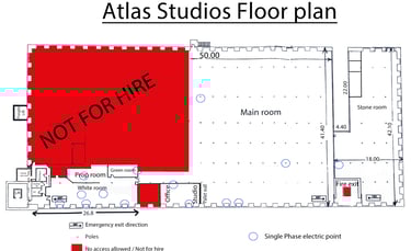 The floor plan of Atlas Studios including plug locations