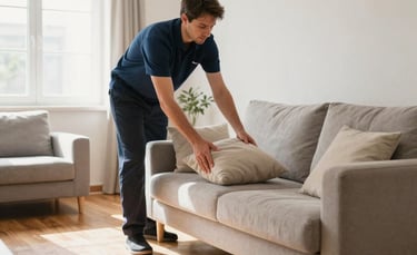 A bright, sunlit Southern European residential living room with polished wooden floors and minimalist furniture. A professional cleaner in a discreet navy blue polo shirt is neatly arranging cushions on a sofa. The atmosphere is fresh and clean, with soft natural light.