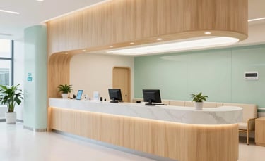 Clean and bright architectural photography of a modern medical facility interior in Southeast Asia, using light wood and soft green tones, professional and trustworthy feel.