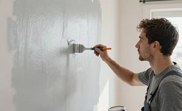 A professional interior painter meticulously applying light gray paint to the walls of a clean Turkish / Anatolian living room. The composition is focused on the precision of the work, featuring soft natural lighting and a high-quality finish, reflecting over 25 years of experience.