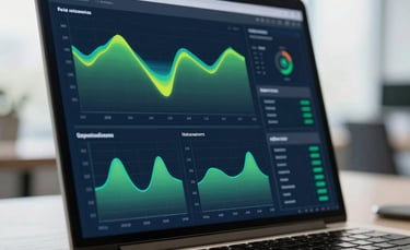 A close-up photograph of a sleek laptop screen displaying high-end, sophisticated data analytics charts and heatmaps in dark blue and green. The setting is a bright, modern North American / Global Business office with soft morning light.