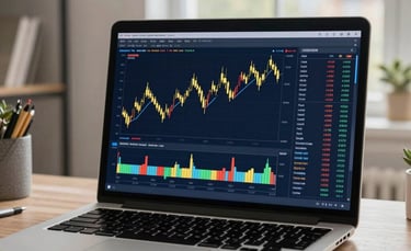 A sleek, modern laptop display showing professional forex candlestick charts and technical indicators. The setting is a bright, airy home office in a North American suburb. Soft natural lighting from a window. Colors include dark blue and gold accents in the decor.