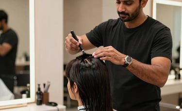 A professional South Asian hair stylist in a modern salon with off-white and warm taupe interiors, performing a precision haircut for a client. Soft, professional lighting highlights the luxurious atmosphere and high-quality tools.