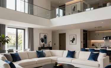 A high-end residential interior in Bratislava, featuring modern Central European architecture, clean lines, and sophisticated furniture. The lighting is soft and natural, emphasizing a sense of security and home. The palette uses off-white and medium blue accents.