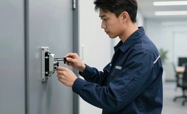 A professional technician wearing a navy blue uniform inspecting a heavy-duty commercial door closer in a modern North American office hallway. The lighting is bright and clean, emphasizing a mood of technical expertise and reliability. The scene uses a palette of steel blue and soft grey.