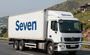 A professional white logistics truck with the name Seven on the side, driving along a modern highway in the outskirts of Lima, South American landscape, bright daylight, cinematic composition, photography style.