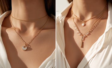 Elegant gold layered necklaces for women featuring moonstone and crystal pendants on a white silk blouse.