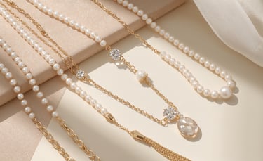 Elegant layered gold chain and white pearl necklaces with crystal pendants on soft silk fabric.