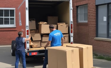 A delivery truck loaded and ready to depart from the K.K.L store warehouse on a sunny day.