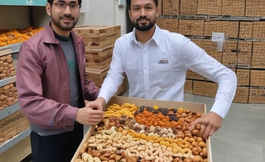 Smiling delivery person handing over a neatly packed box of dry fruits to a happy customer at their doorstep.