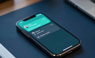 A close-up, high-quality photograph of a modern Brazilian executive's desk with a smartphone displaying a notification alert, soft corporate lighting, color palette of deep blue and teal.