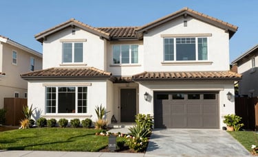 A crisp, professional photograph of a modern residential home in a sunny Southern California neighborhood with manicured landscaping and clear blue skies. The lighting is bright and natural, reflecting prosperity and stability.