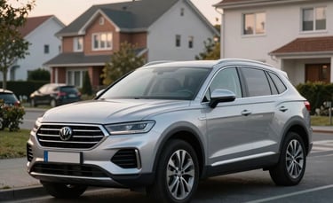 Professional photography of a silver family SUV parked on a clean street in a Central European / German suburban neighborhood, soft morning light, realistic and sharp focus.