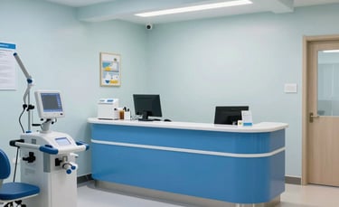 An interior shot of a clean, well-lit medical clinic in a South Asian city, featuring modern equipment and a welcoming reception area in shades of blue.