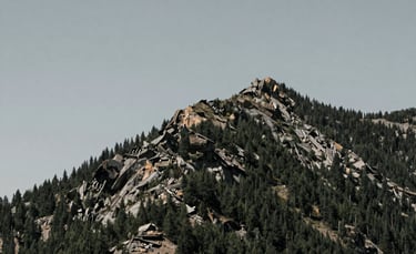 High-angle wide shot of a rugged mountain ridge in the North American wilderness under a grey sky, deep green forests below, minimalist composition, professional outdoor photography.