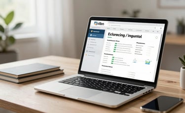 A professional North American / Mexican home office with a modern laptop showing an online educational dashboard. Soft morning light, professional and clean aesthetic with a focus on engineering excellence and academic discipline.