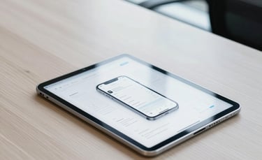 A clean, high-angle shot of a modern office in a North American city. A sleek tablet sits on a polished light wood desk, displaying a sophisticated mobile wireframe. Soft natural lighting from a large window creates a professional and efficient atmosphere. The palette features muted blue and off-white tones.