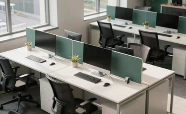 A high-angle professional photograph of a modern North American corporate office workspace with clean white desks and ergonomic chairs. Soft morning sunlight streams through large windows, and subtle deep green accents are visible in the decor.