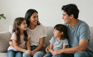 A heartwarming scene of a young Mexican family sitting on a sofa in a modern, minimalist sunlit living room. They are talking and laughing together. Professional photography with soft, warm lighting and a clean composition featuring light grey and slate blue tones.