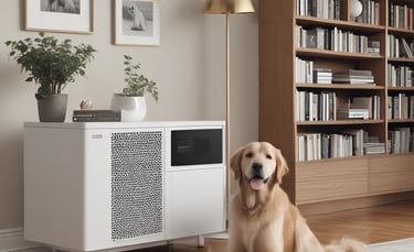 Golden Retriever sitting by a white air purifier in a modern living room with a wooden bookshelf.