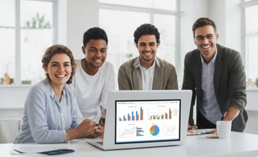 A group of young professional colleagues sitting and standing around a table, collaborating and looking at a laptop screen together in a bright office environment.
