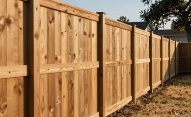 Wide environmental shot of a completed cedar wood privacy fence running the full length of a residential backyard in the East Bay, photographed in clear California afternoon daylight. The fence line is straight and true, posts evenly spaced, boards flush and level. Dry grass and a mature oak at the far right edge provide geographic context. Framed from ground level with the fence filling the horizontal plane, no people, no staging.