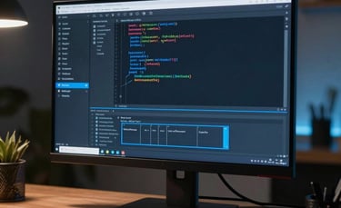 A sleek, high-end monitor in a dark North American home office displaying a complex code editor with neon blue highlights, cinematic lighting, shallow depth of field, professional developer atmosphere.