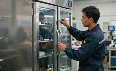Professional photography of a modern industrial workshop in Pereira, South American &amp;amp;amp;#x2F; Colombian setting. A skilled technician in a professional uniform is polishing a newly fabricated stainless steel industrial refrigerator. Clean lighting, industrial vibe, with colors of dark navy blue and grey.