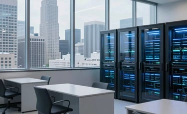 A clean, minimalist photograph of a high-tech data hub in a North American city. Large windows overlook a professional skyline, while the foreground shows a sleek workspace with light grey furniture and soft blue ambient lighting reflecting off glass surfaces.