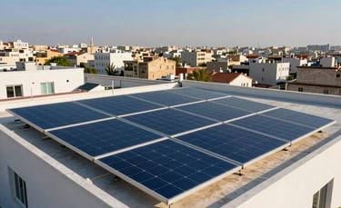 A wide-angle professional photograph of high-tech solar panels installed on a modern flat roof in a Middle Eastern / Turkish city. Bright afternoon sun, clear blue sky, sharp focus, clean and sustainable energy concept, incorporating shades of white and light blue from the palette.