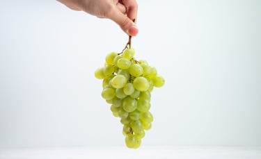 A hand holding a fresh bunch of green seedless grapes against a white background.
