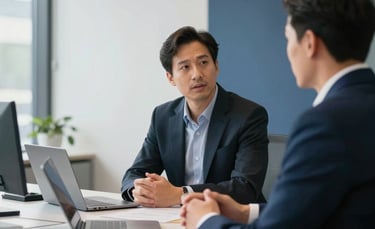 Professional North American office setting with soft natural lighting. A focused interview scene where two business professionals in modern attire are engaged in conversation across a sleek desk. Off-white walls and navy blue accents throughout the room create a reliable and sophisticated atmosphere.