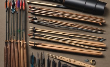 A modern compound bow with colorful arrows neatly arranged beside it on a camouflage cloth.