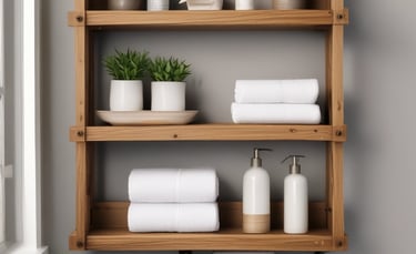 A set of simple wooden shelves mounted on a white wall, holding small plants and books