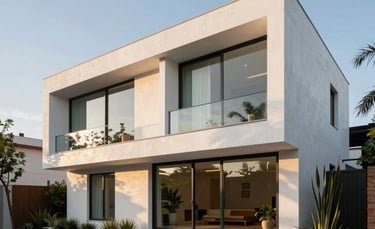 Luxury modern residential architecture in Guadalajara, exterior view of a high-end minimalist house with large windows, white concrete walls, and elegant landscaping during the golden hour, North American / Mexican style, professional architectural photography.