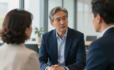 Professional photography of a financial advisor in a modern, glass-walled North American office, consulting with a mature couple. Soft afternoon light, palette of navy blue and off-white in the background, sophisticated and trust-building atmosphere.