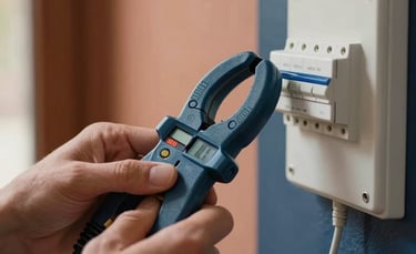 Close-up photography of professional hands in a Spanish / Andalusian home, using a digital ammeter clamp on a white electrical wire near a clean, modern circuit breaker panel. Soft, natural daylight, professional tools, terracotta and navy blue accents in the background.