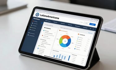 A professional business dashboard displayed on a modern tablet lying on a clean office desk in a Latinoamericana corporate setting, with soft natural light and a focus on clarity and efficiency.