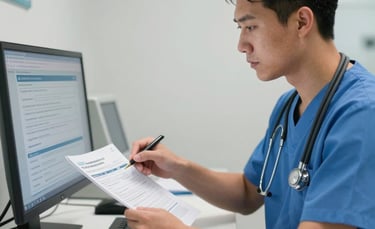 A professional North American healthcare administrator in a clean, modern medical office setting, reviewing insurance verification documents on a computer screen, royal blue and white color palette, professional lighting.