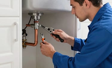 A professional plumber in a clean blue uniform working on a residential copper pipe repair under a sink. Modern North American / US kitchen setting, bright natural light, focusing on specialized plumbing tools and high-quality workmanship. Use of blue and light gray tones.