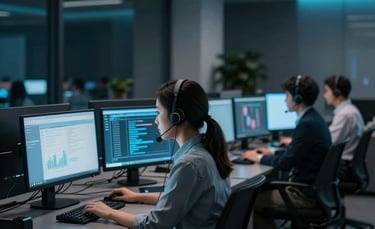 A sleek, modern North American call center floor at night. Professionals with headsets sit at minimalist dark desks with dual monitors. The room is illuminated by soft dark navy and cyan accent lighting, creating a professional and high-tech atmosphere.